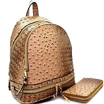 Ostrich Embossed Fashion Backpack Wallet SET MH-JY0236W