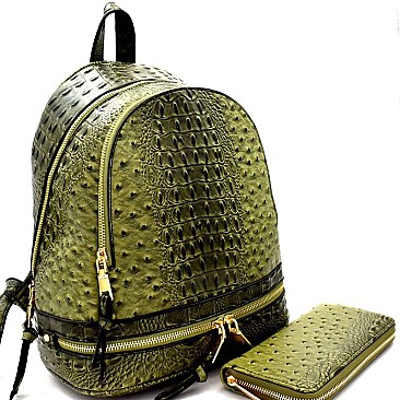 Ostrich Embossed Fashion Backpack Wallet SET MH-JY0236W