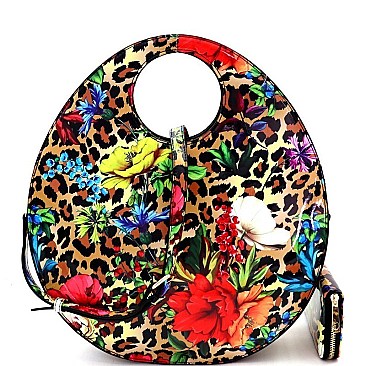 Round Flower Leopard Print Patent 2-Way Satchel Wallet SET