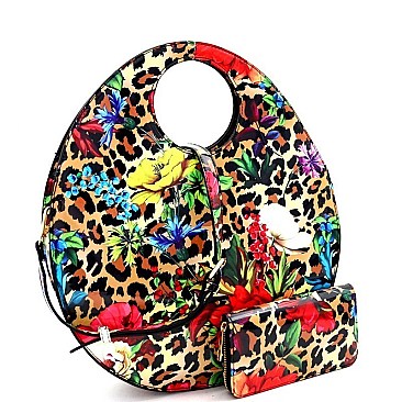 Round Flower Leopard Print Patent 2-Way Satchel Wallet SET