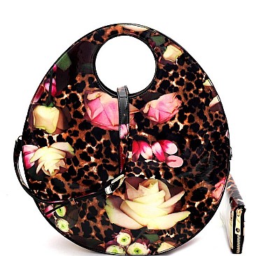 Round Flower Leopard Print Patent 2-Way Satchel Wallet SET