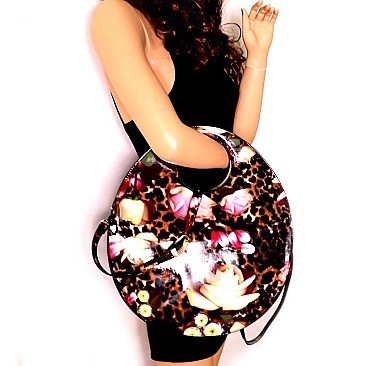 Round Flower Leopard Print Patent 2-Way Satchel Wallet SET