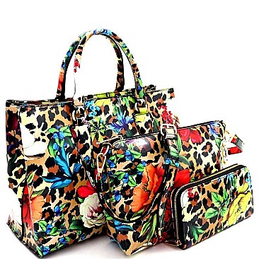 3-in-1 Flower Leopard Print Patent Satchel Wallet SET