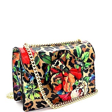 2-Way Flower Accent Leopard Print Patent Shoulder Bag