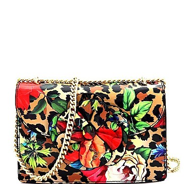 2-Way Flower Accent Leopard Print Patent Shoulder Bag