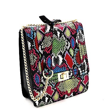 Snake Print Multi-Colored Turn-Lock Shoulder Bag