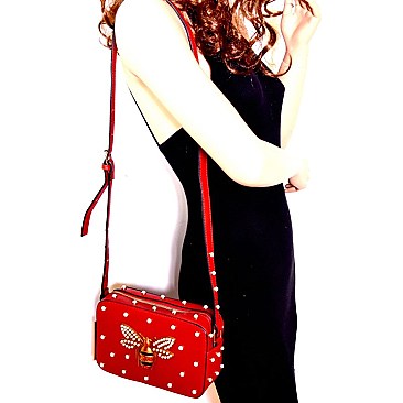 K6-6579-LP Rhinestone Bee Charm Pearl Accent Boxy Shoulder Bag