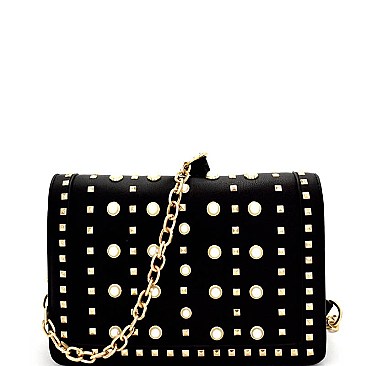 Pearl and Stud Embellished Flap Shoulder Bag