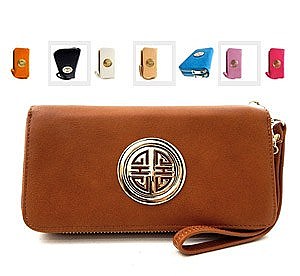 Double Zipper Emblem Accent Wristlet Wallet