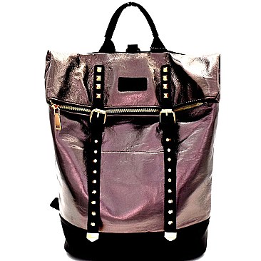 Stud Accent Metallic Fold-Over Fashion Backpack MH-KY7012