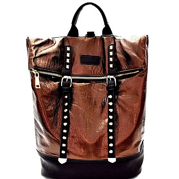 Stud Accent Metallic Fold-Over Fashion Backpack MH-KY7012