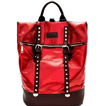 Stud Accent Metallic Fold-Over Fashion Backpack MH-KY7012