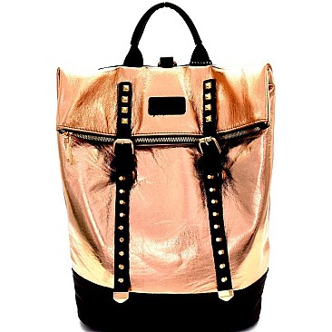 Stud Accent Metallic Fold-Over Fashion Backpack MH-KY7012