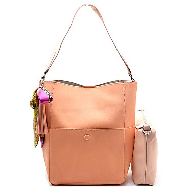 L0099-LP Scarf Tassel Accent Saffiano 2 in 1 Hobo