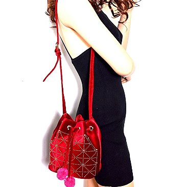 L0115-LP Gold-tone Studded Velvet Pom Pom Drawstring Bucket Bag