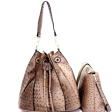 L0131-LP Uniquely Folded 2 in 1 Ostrich Drawstring Bucket Shoulder Bag