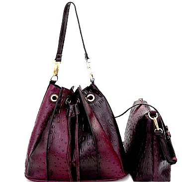 L0131-LP Uniquely Folded 2 in 1 Ostrich Drawstring Bucket Shoulder Bag
