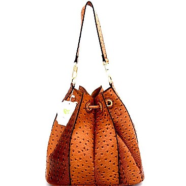 L0131-LP Uniquely Folded 2 in 1 Ostrich Drawstring Bucket Shoulder Bag