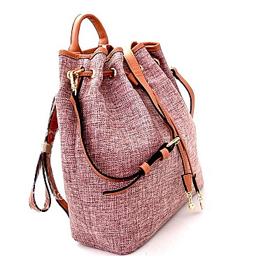 L0137-LP Linen Drawstring Convertible 2-Way Backpack Satchel