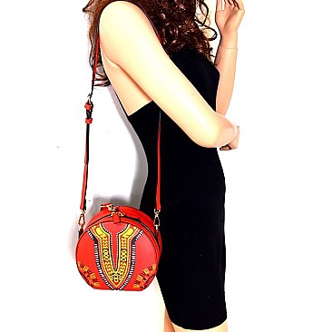 Wrist Handle Accent Ethnic Print Round Shoulder Bag MH-L0183