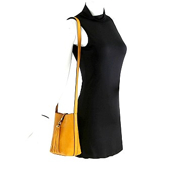 Tassel Accent Bucket Cross Body Shoulder Bag