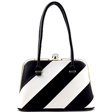 Stripe Quality Jewel-top Frame Satchel Shoulder Bag