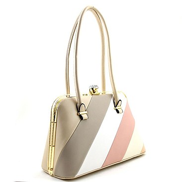 Stripe Quality Jewel-top Frame Satchel Shoulder Bag