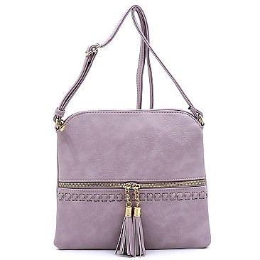 Weaved Whipstitch Tassel Zipper Crossbody Bag