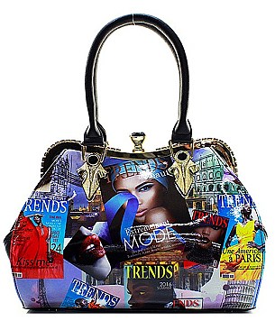 MAGAZINE PRINT HANDBAG WITH JEWEL TOP CLOSURE