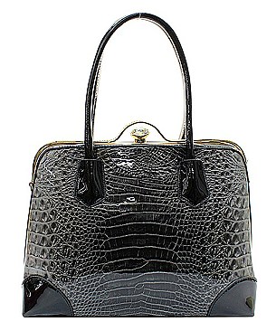 PATENT SNAKE PRINT DIAMOND JEWEL TOP SATCHEL