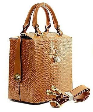 Elaborate Rhinestone Lock Snake Skin Boxy Shape Satchel