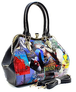 MAGAZINE PRINT HANDBAG WITH JEWEL TOP CLOSURE