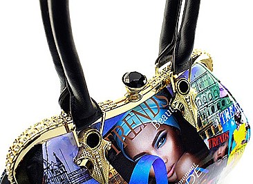 MAGAZINE PRINT HANDBAG WITH JEWEL TOP CLOSURE