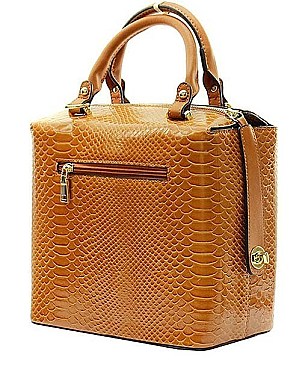 Elaborate Rhinestone Lock Snake Skin Boxy Shape Satchel