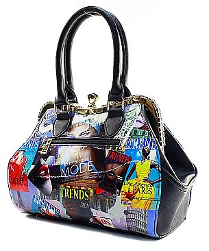 MAGAZINE PRINT HANDBAG WITH JEWEL TOP CLOSURE