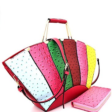 LD1311W-LP Ostrich Embossed Color Block Patchwork Satchel Wallet SET