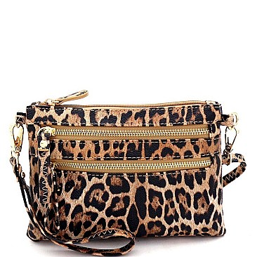 Versatile Leopard Print Multi Pocket Wristlet Cross Body