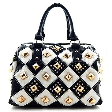 Multi-colored Studded Genuine Leather Patchwork Satchel