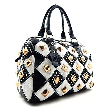 Multi-colored Studded Genuine Leather Patchwork Satchel