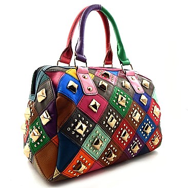 Multi-colored Studded Genuine Leather Patchwork Satchel