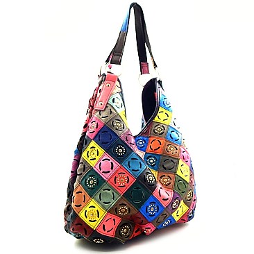 Laser-cut Multi-colored Genuine Leather Hobo