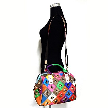 Multi-colored Studded Genuine Leather Patchwork Satchel