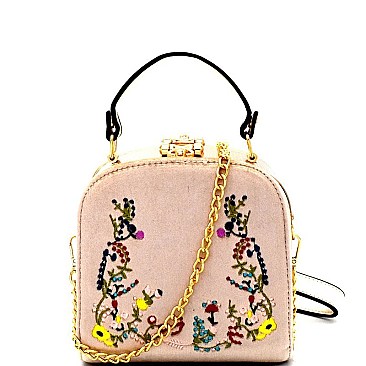 LF138-LP Flower Embroidered Velvet Frame Small Satchel