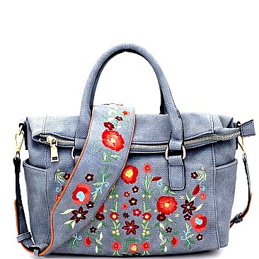 LF139-LP Flower Embroidery Textured Fold-Over Satchel