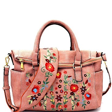 LF139-LP Flower Embroidery Textured Fold-Over Satchel