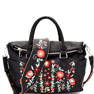 LF139-LP Flower Embroidery Textured Fold-Over Satchel