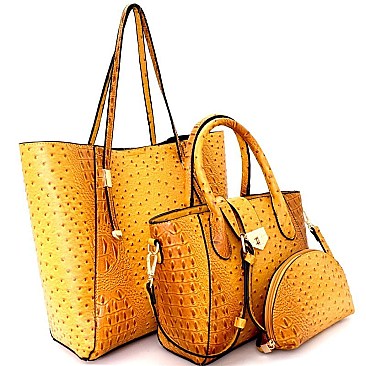 LF147-LP Ostrich Embossed Turn-Lock Satchel 3 in 1 Tote Value SET