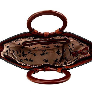Wooden Handle Ostrich Print Satchel Wallet SET MH-LF1651W