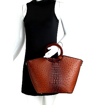 Wooden Handle Ostrich Print Satchel Wallet SET MH-LF1651W