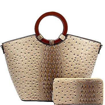 Wooden Handle Ostrich Print Satchel Wallet SET MH-LF1651W